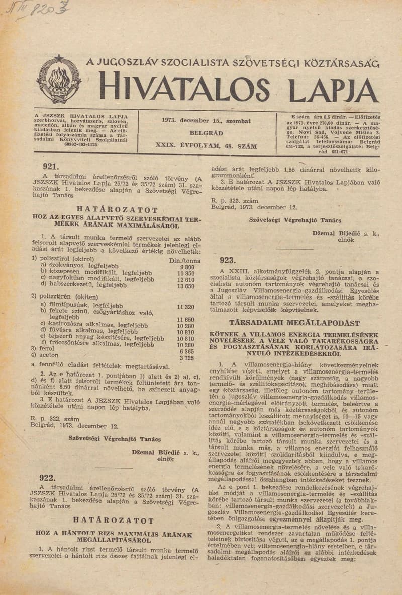 A Jugoszláv Szocialista Szövetségi Köztársaság Hivatalos Lapja, 29. évf. 1973. december 15. 68. sz. 2009–2012. oldal