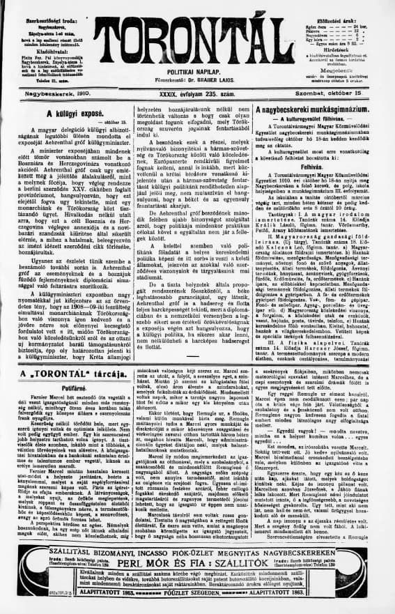 Torontál, 39. évf. 1910. október 15. 235. sz.