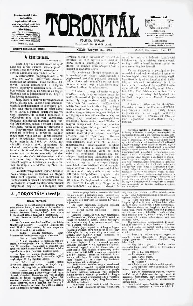 Torontál, 38. évf. 1909. november 25. 269. sz.