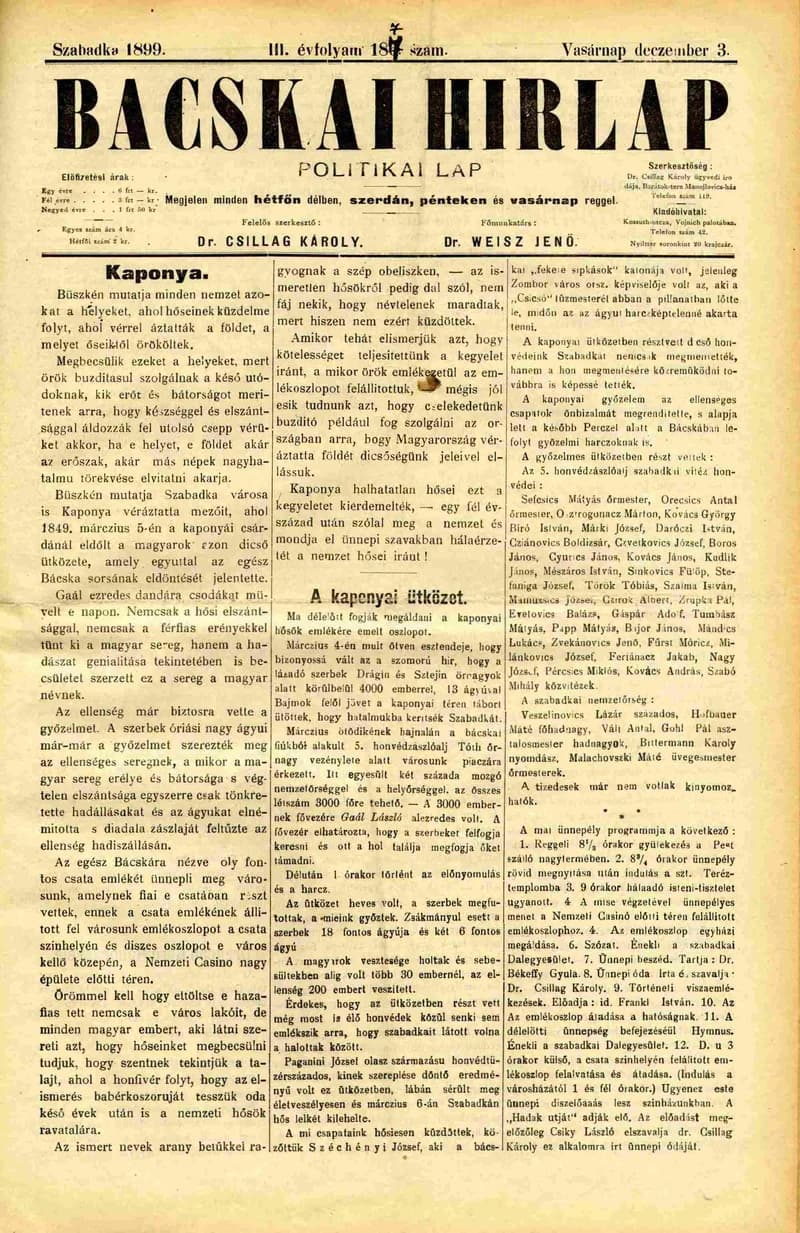 Bácskai Hirlap, 3. évf. 1899. december 3. 187. sz.