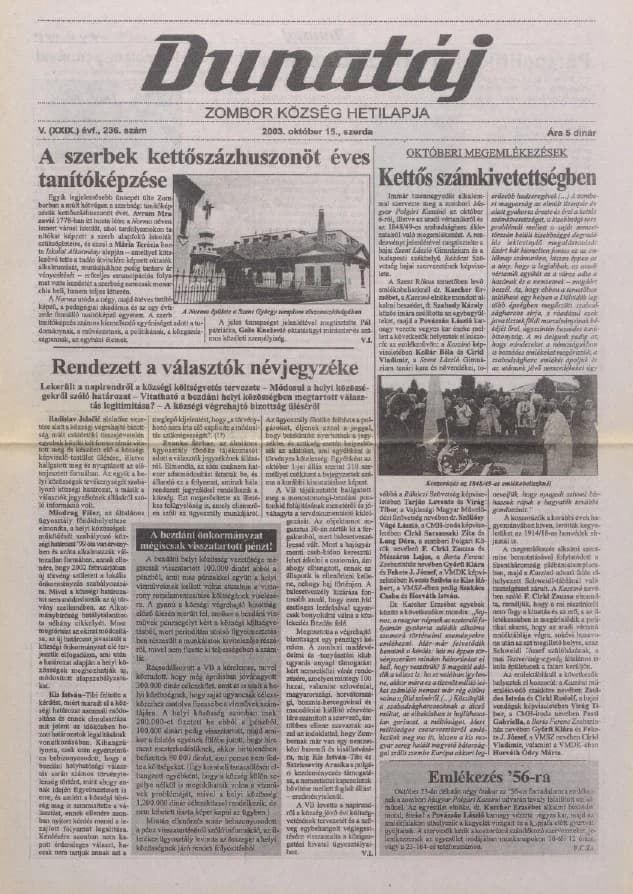 Dunatáj, 5. évf. 2003. október 15. 236. sz.