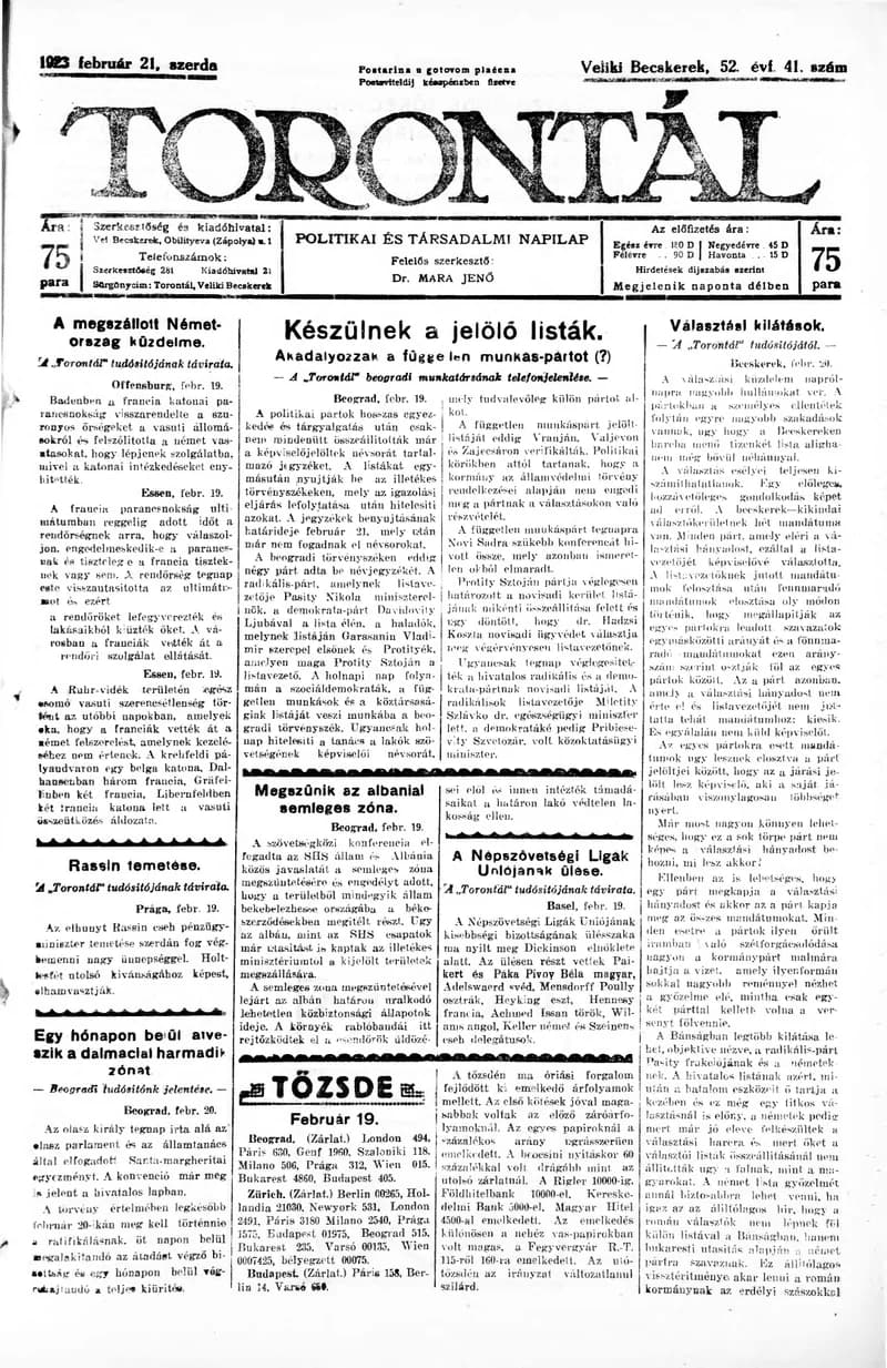 Torontál, 52. évf. 1923. február 21. 41. sz.