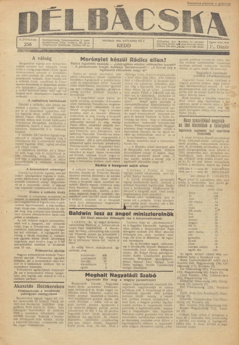 Délbácska, 5. évf. 1924. november 4. 256. sz.