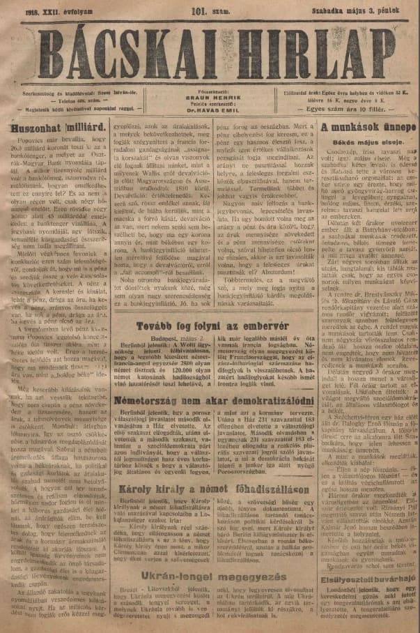 Bácskai Hirlap, 22. évf. 1918. május 3. 101. sz.