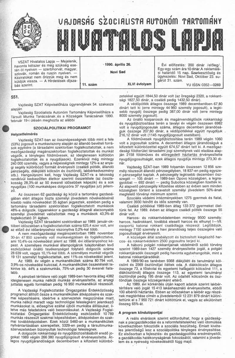 Vajdaság Szocialista Autonóm Tartomány Hivatalos Lapja, 46. évf. 1990. április 26. 11. sz.