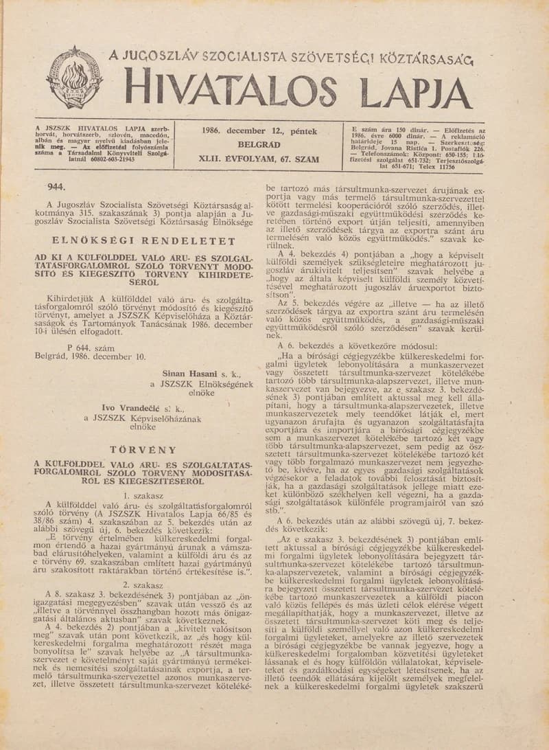 A Jugoszláv Szocialista Szövetségi Köztársaság Hivatalos Lapja, 42. évf. 1986. december 12. 67. sz. 2009–2028. oldal