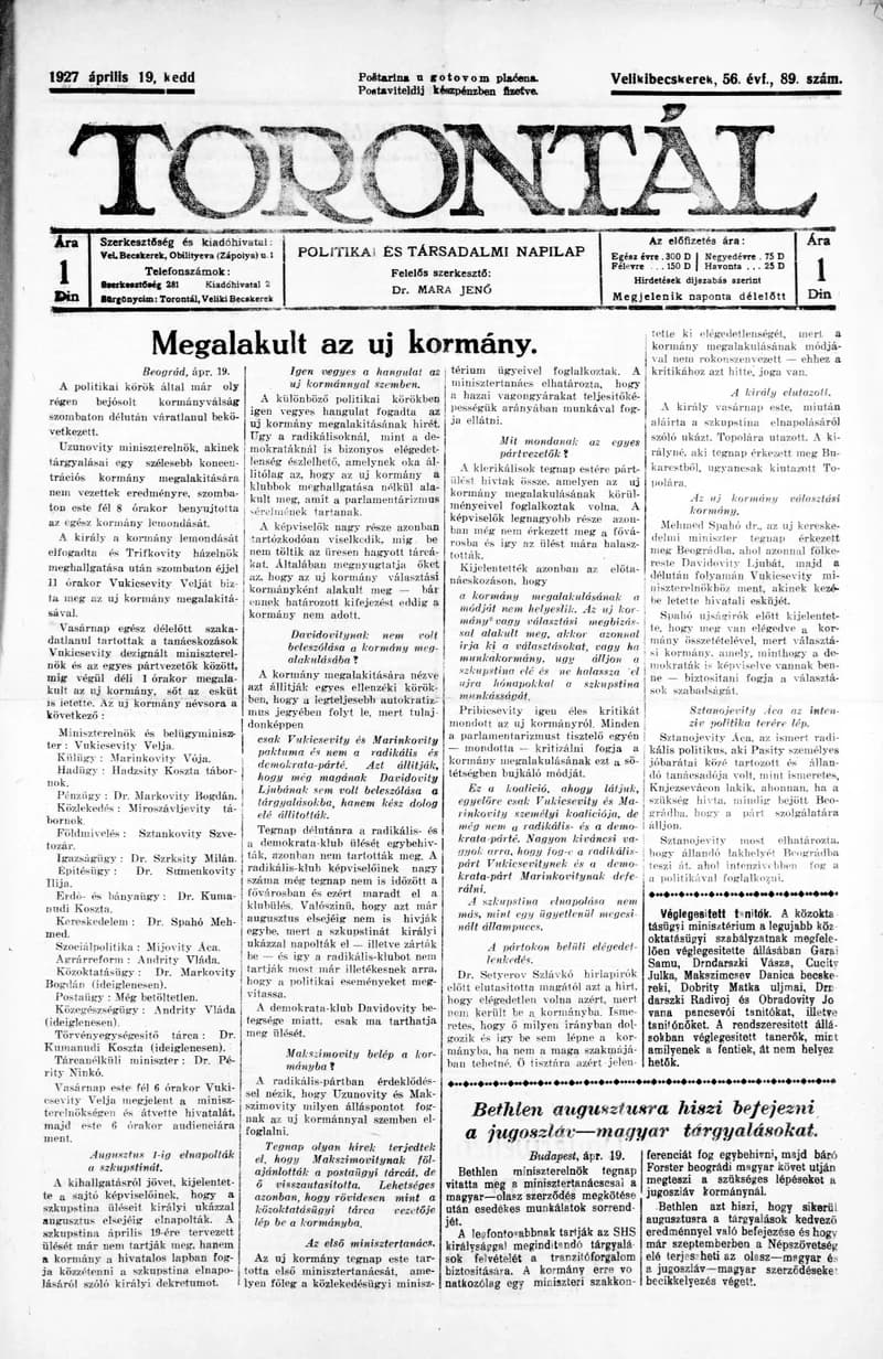 Torontál, 56. évf. 1927. április 19. 89. sz.