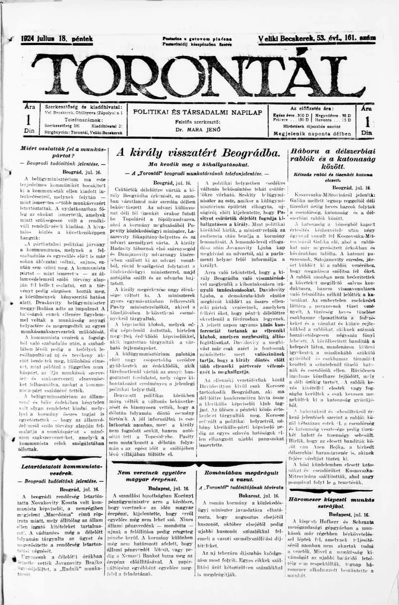Torontál, 53. évf. 1924. július 18. 161. sz.