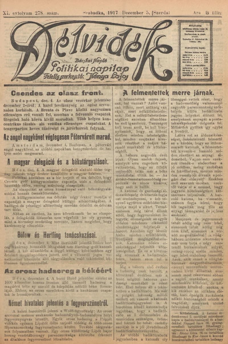 Délvidék, 11. évf. 1917. december 5. 278. sz.
