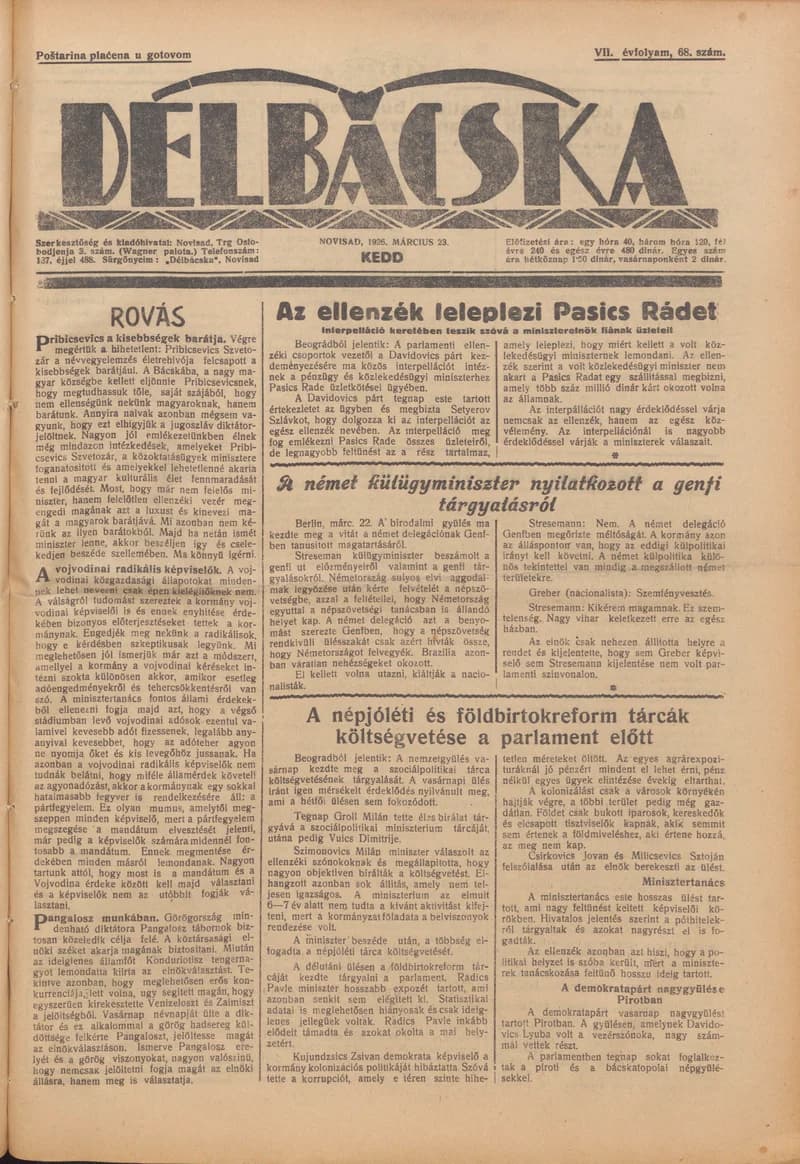 Délbácska, 7. évf. 1926. március 23. 68. sz.