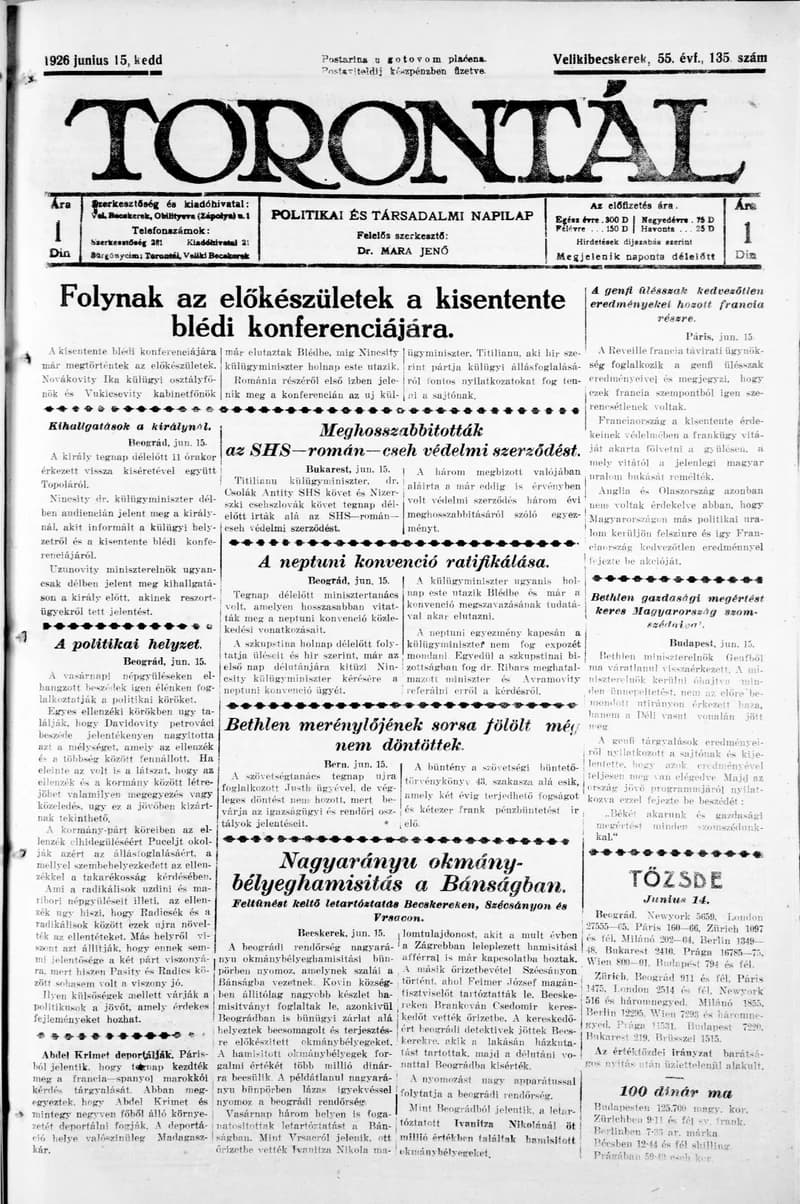 Torontál, 55. évf. 1926. június 15. 135. sz.