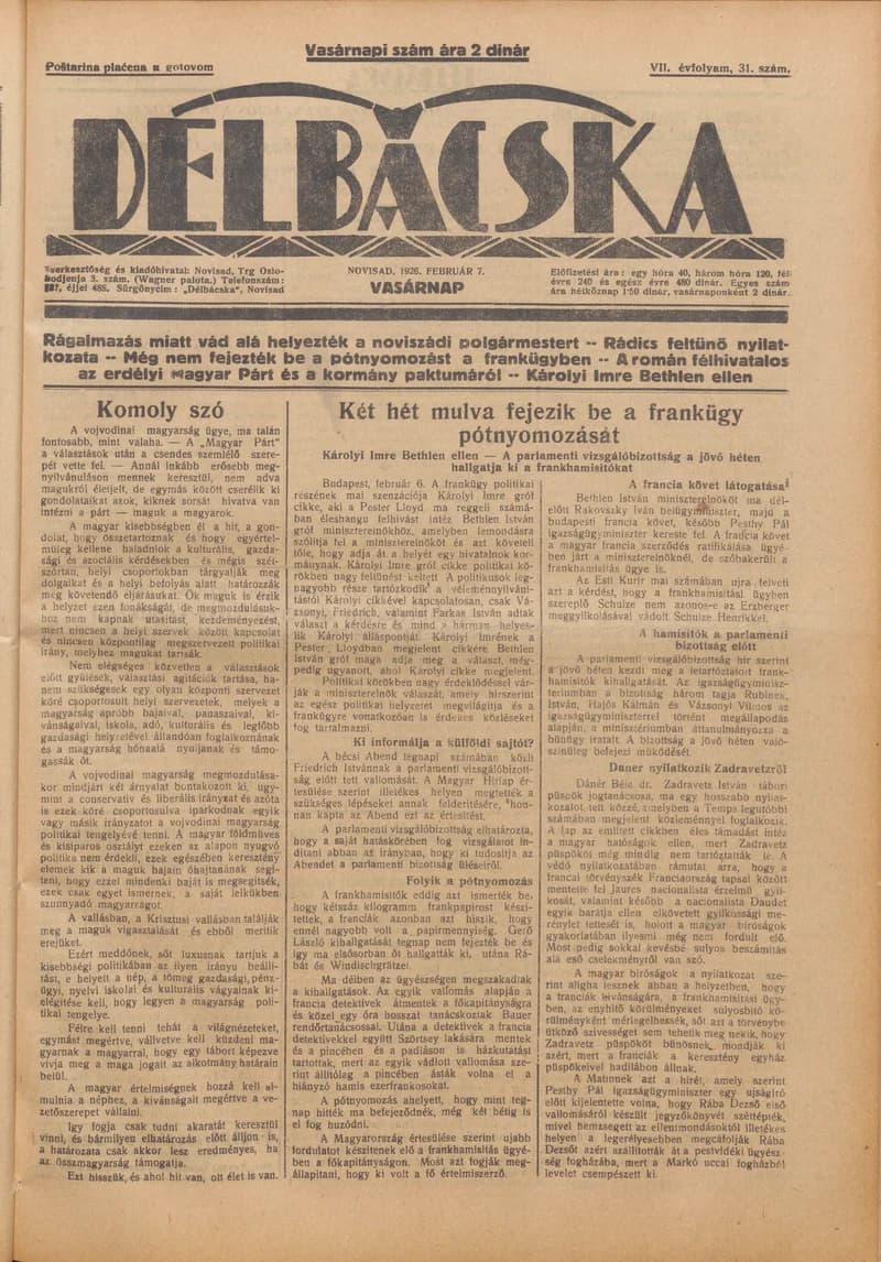 Délbácska, 7. évf. 1926. február 7. 31. sz.