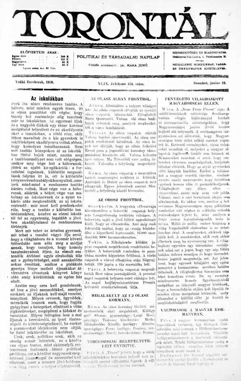 Torontál, 49. évf. 1920. június 19. 134. sz.