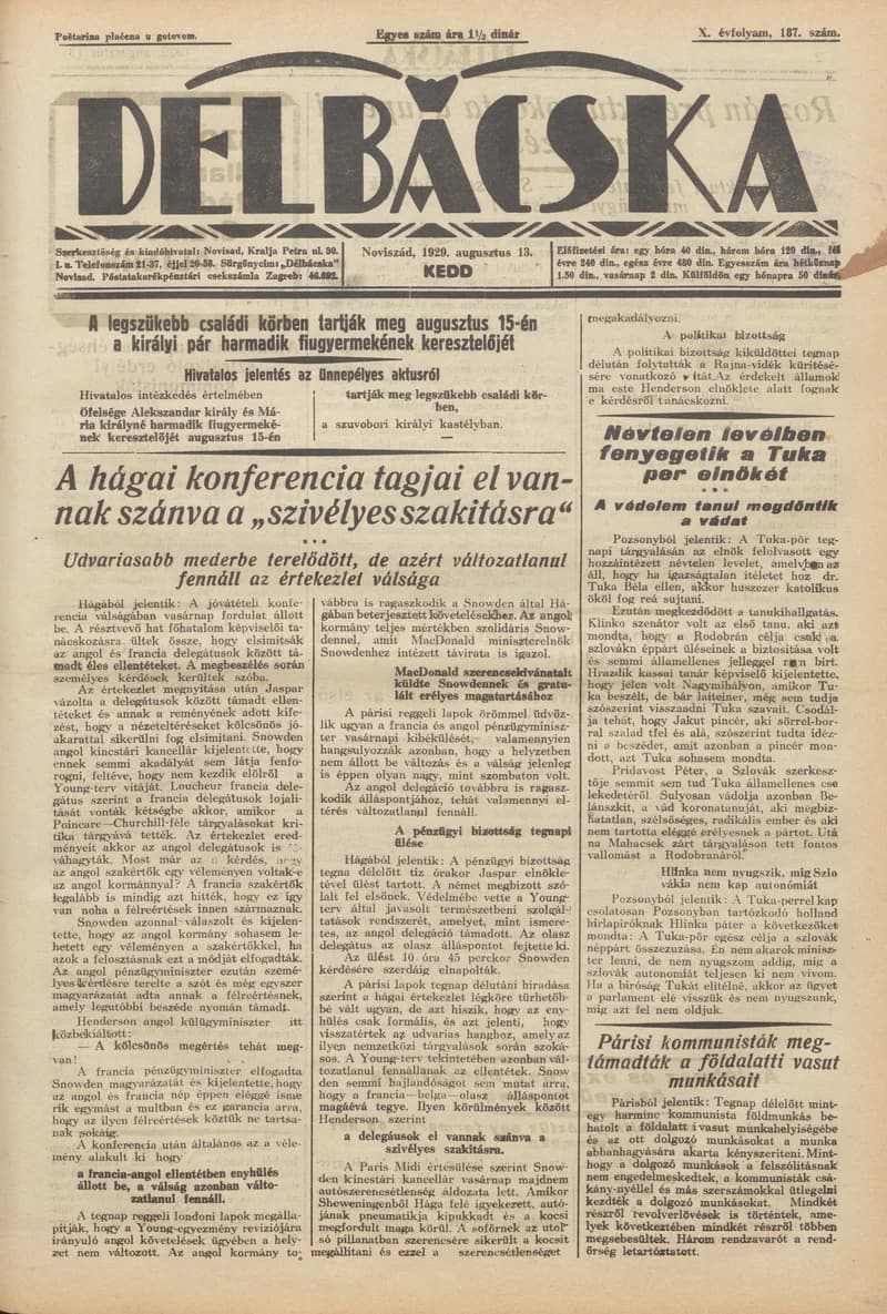 Délbácska, 10. évf. 1929. augusztus 13. 187. sz.