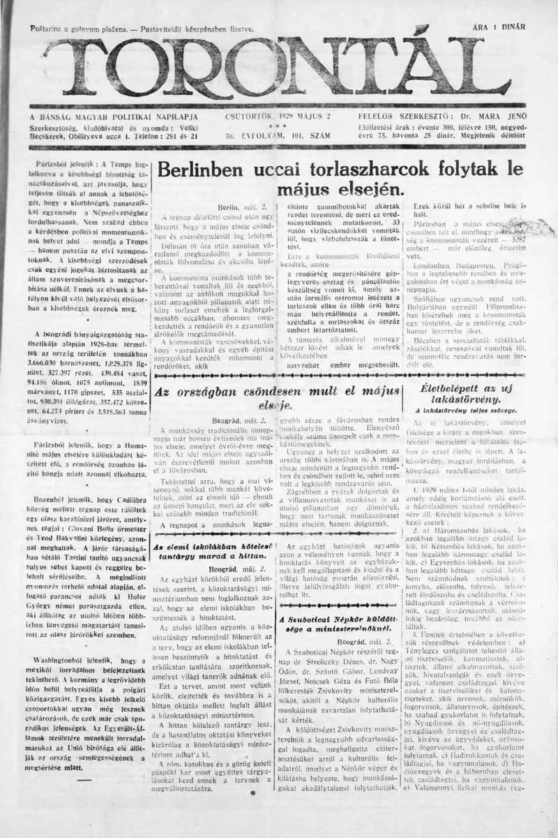 Torontál, 58. évf. 1929. május 2. 101. sz.