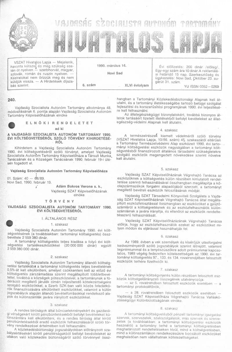 Vajdaság Szocialista Autonóm Tartomány Hivatalos Lapja, 46. évf. 1990. március 14. 6. sz.