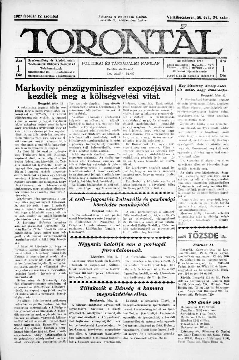 Torontál, 56. évf. 1927. február 12. 34. sz.