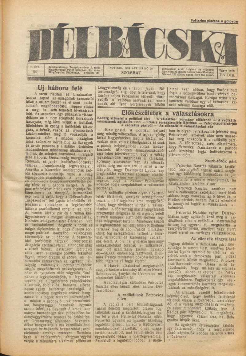 Délbácska, 5. évf. 1924. április 26. 99. sz.