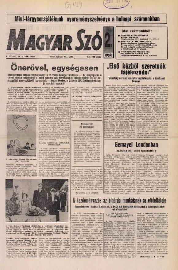 Magyar Szó, 44. évf. 1987. február 16. 45. sz. 1–20. oldal