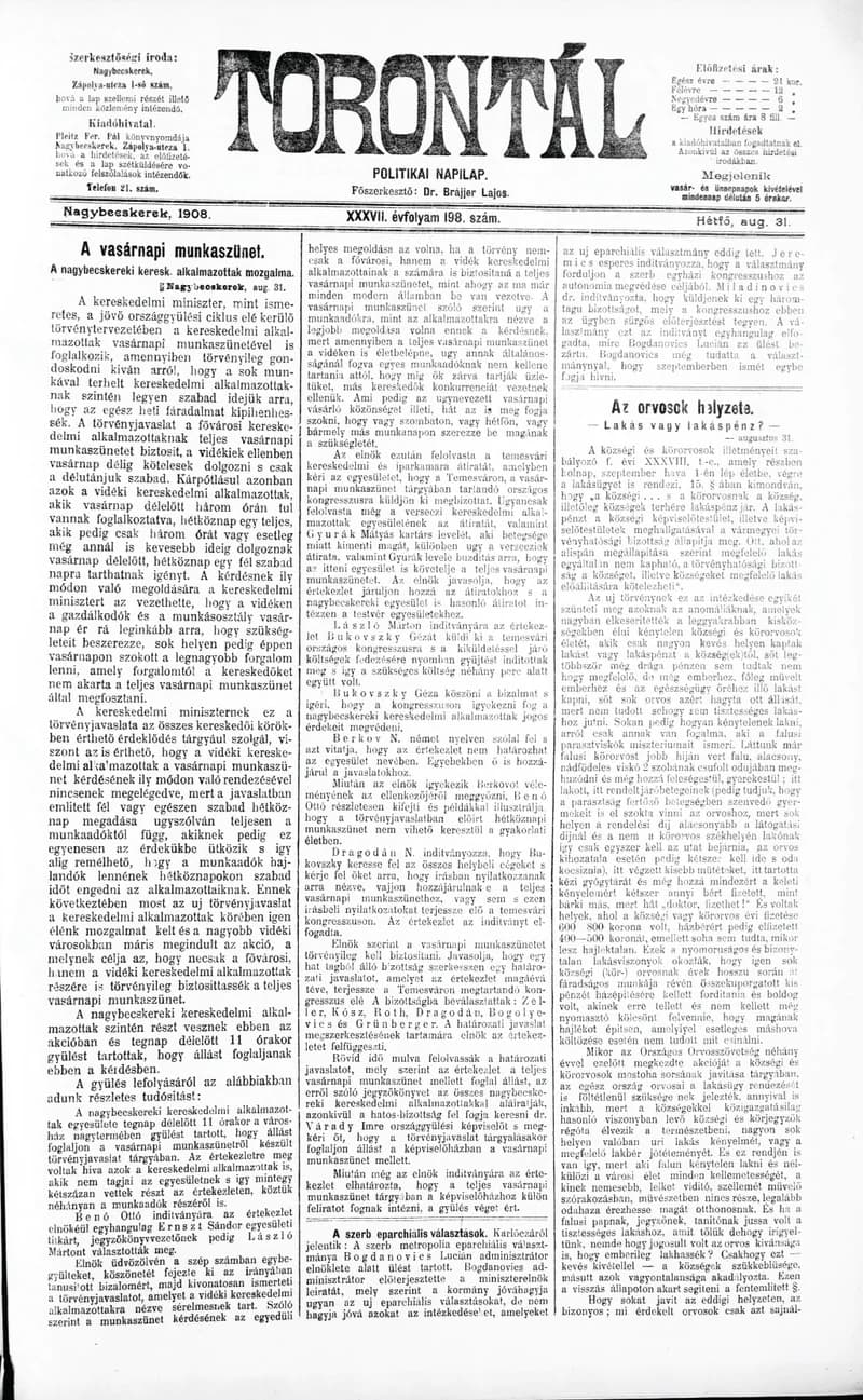 Torontál, 37. évf. 1908. augusztus 31. 198. sz.