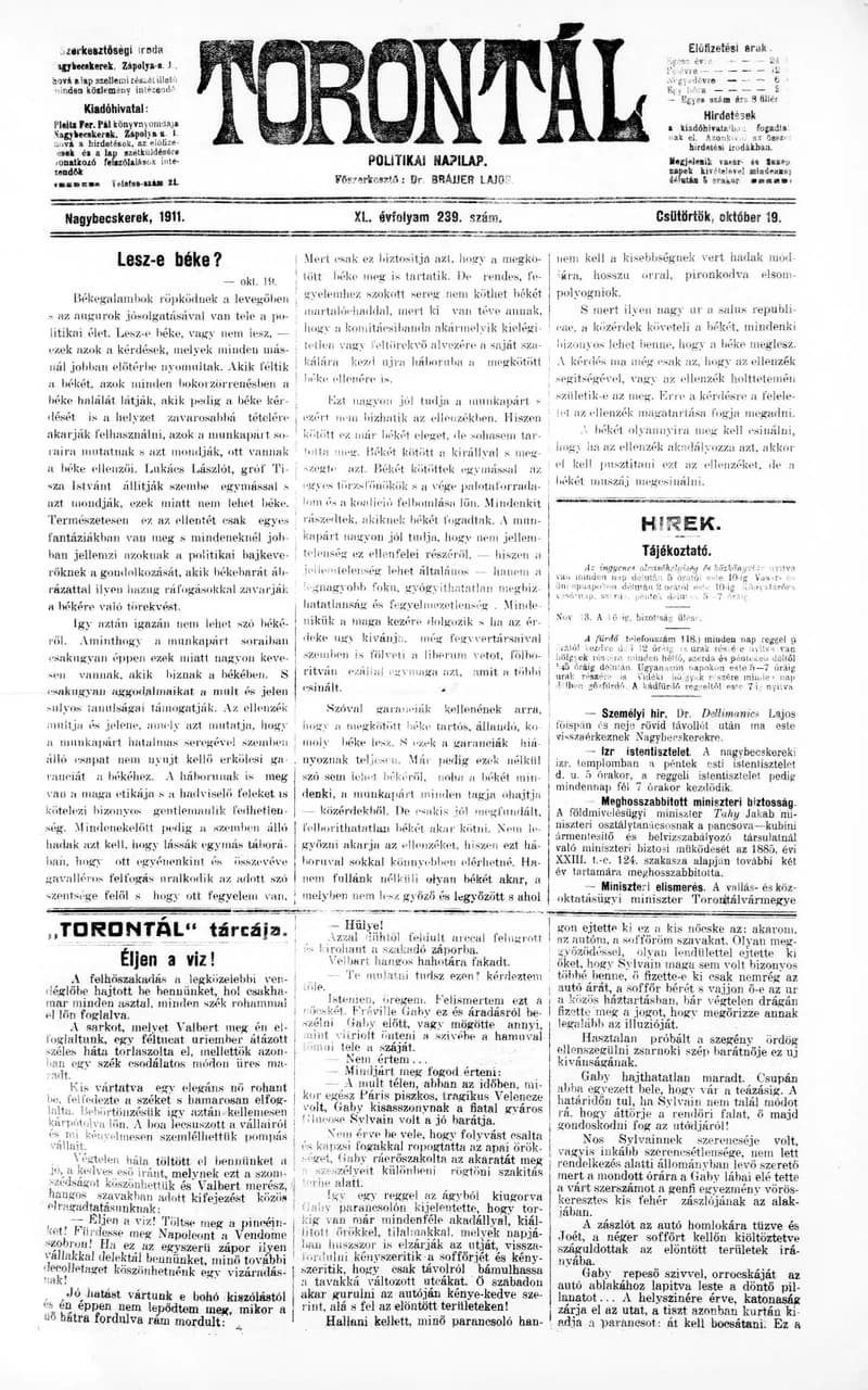 Torontál, 40. évf. 1911. október 19. 239. sz.