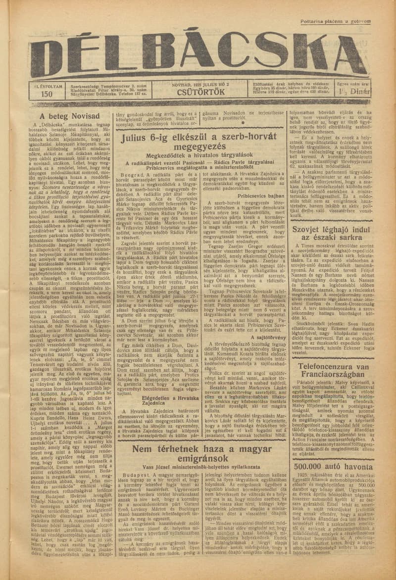 Délbácska, 6. évf. 1925. július 2. 150. sz.