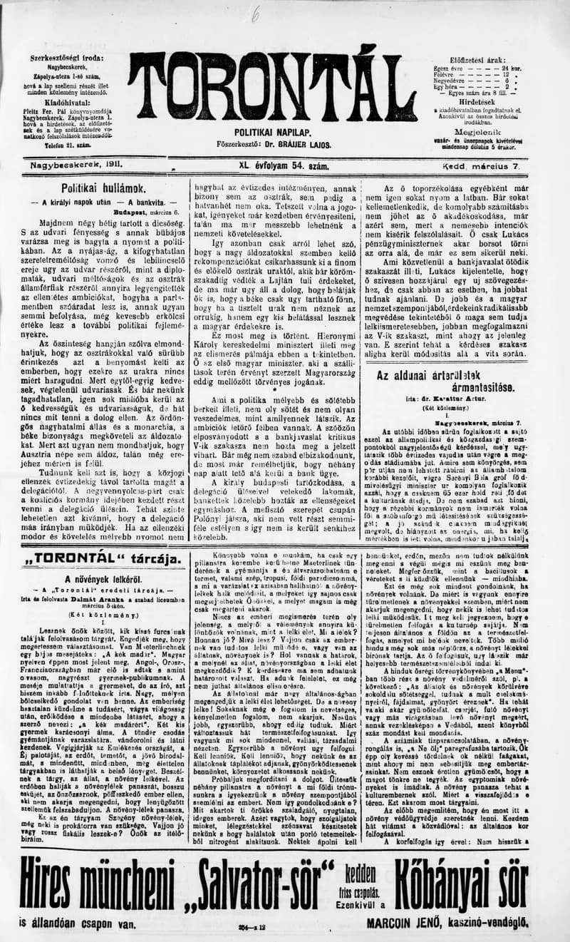 Torontál, 40. évf. 1911. március 7. 54. sz.