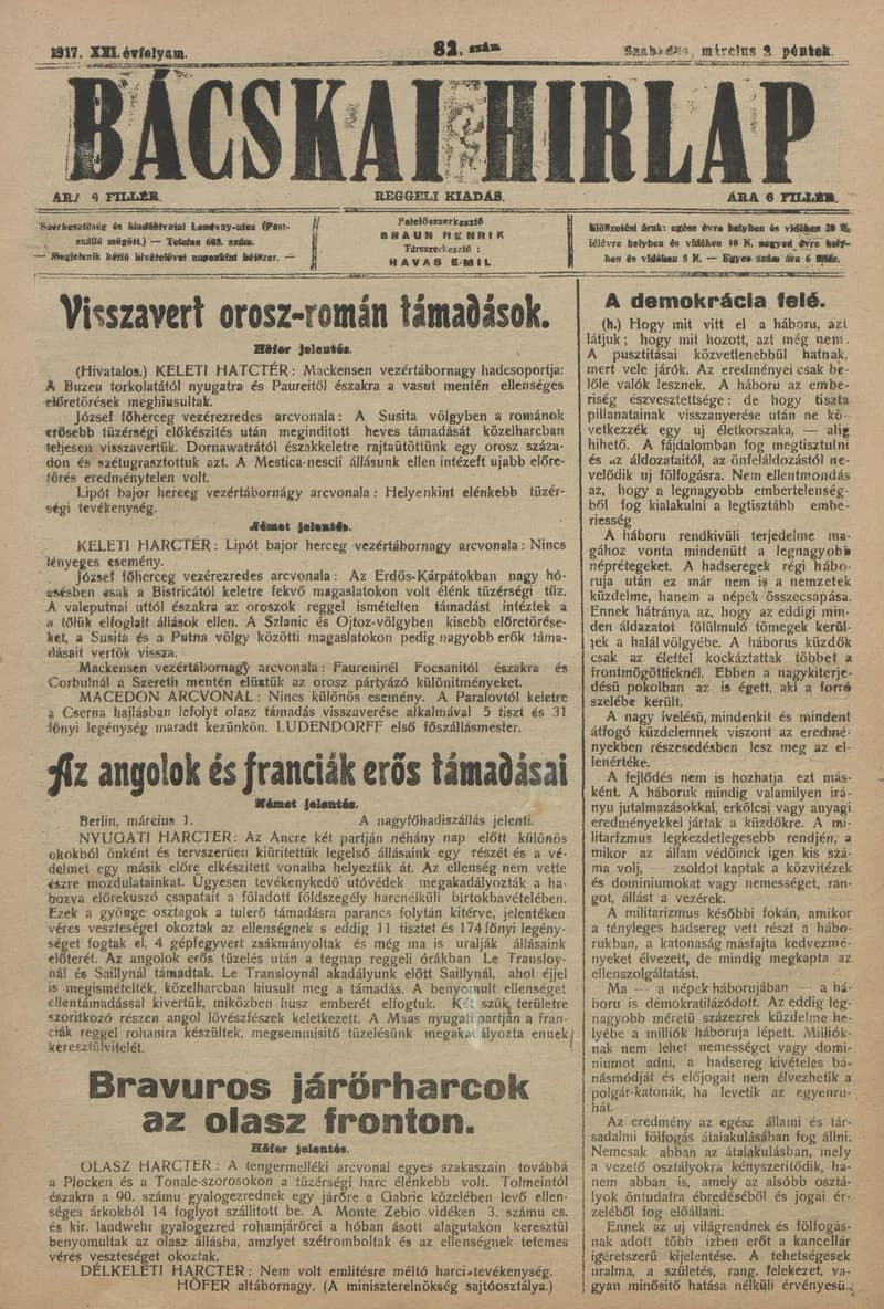 Bácskai Hirlap, 21. évf. 1917. március 2. 82. sz.