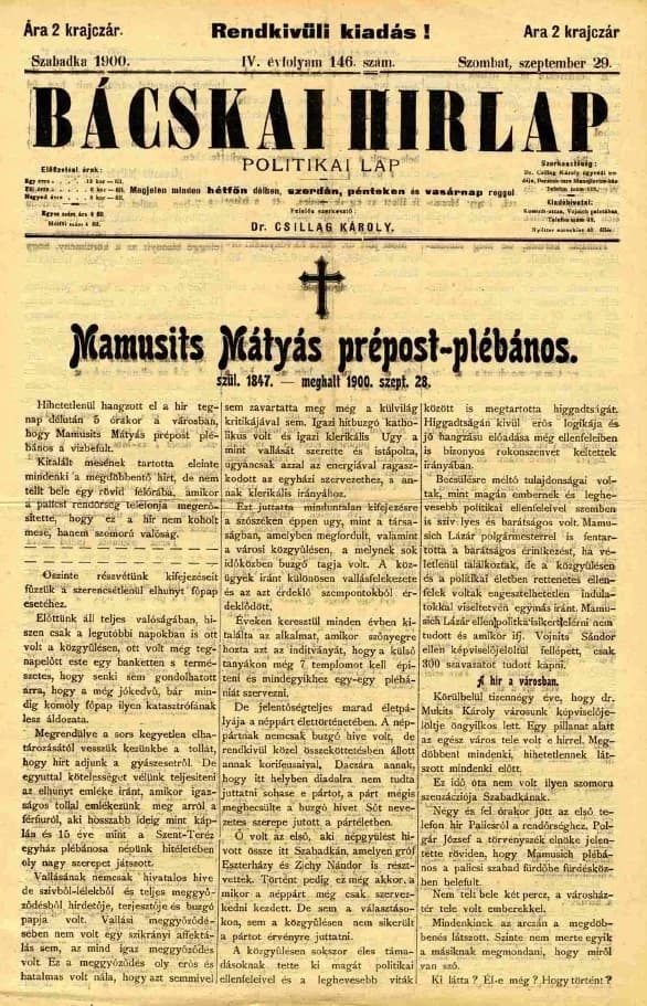 Bácskai Hirlap, 4. évf. 1900. szeptember 29. 146. sz.