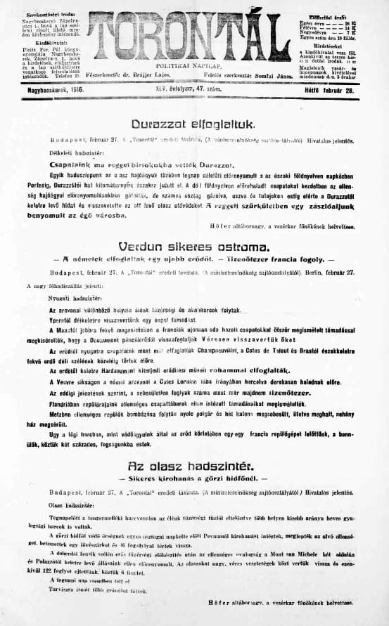 Torontál, 45. évf. 1916. február 28. 47. sz.