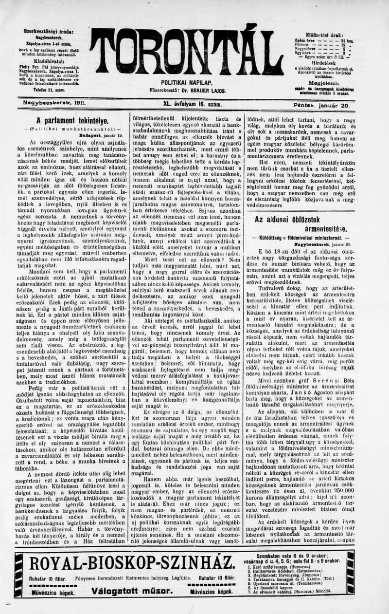 Torontál, 40. évf. 1911. január 20. 16. sz.
