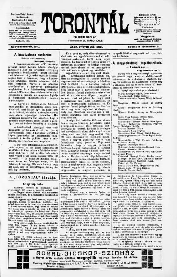 Torontál, 39. évf. 1910. december 3. 276. sz.