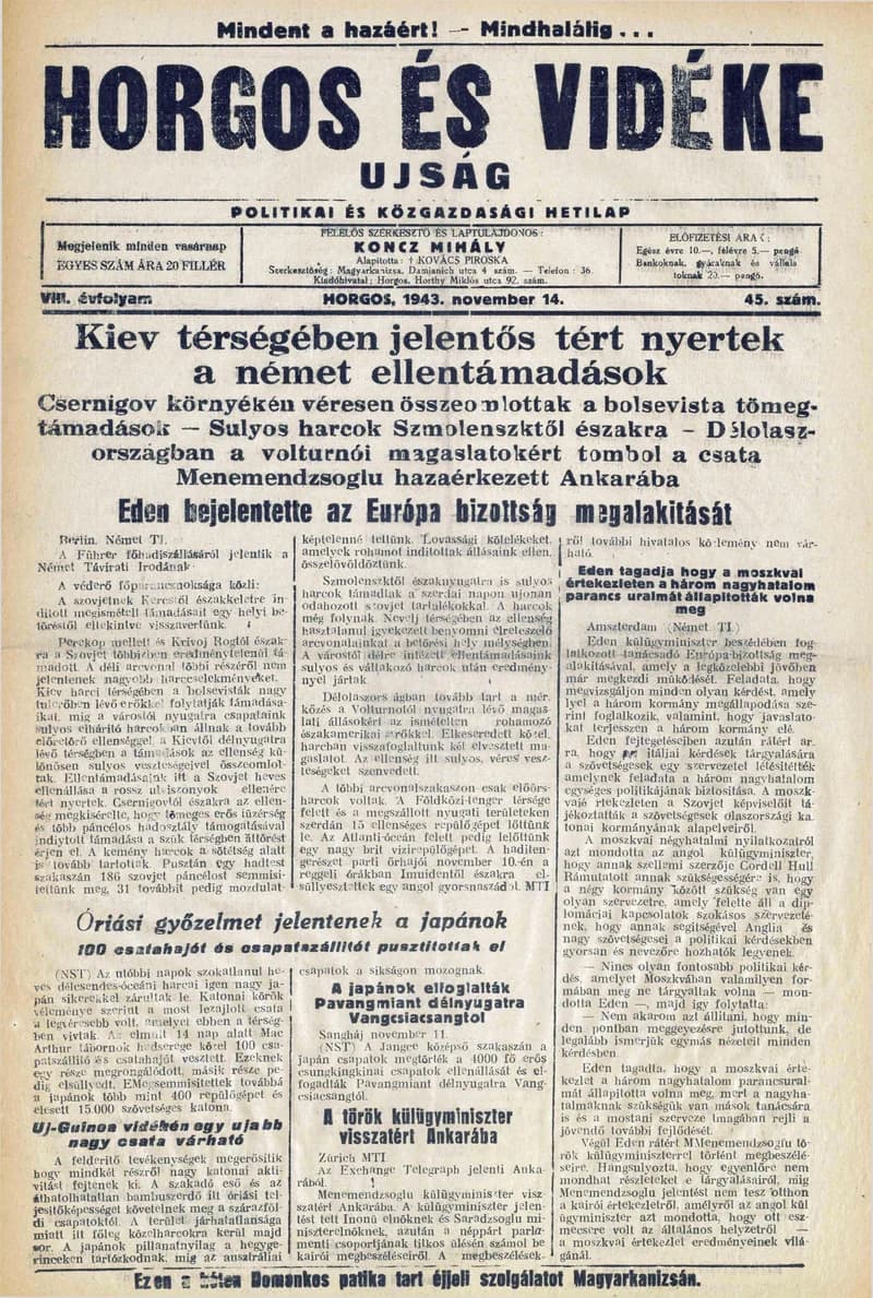 Horgos és vidéke, 8. évf. 1943. november 14. 45. sz.