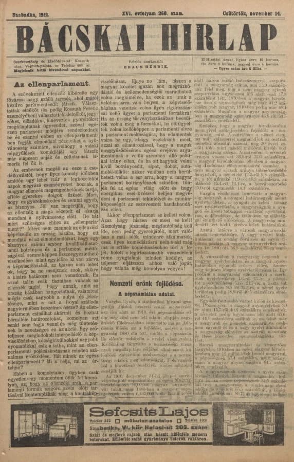 Bácskai Hirlap, 16. évf. 1912. november 14. 260. sz.