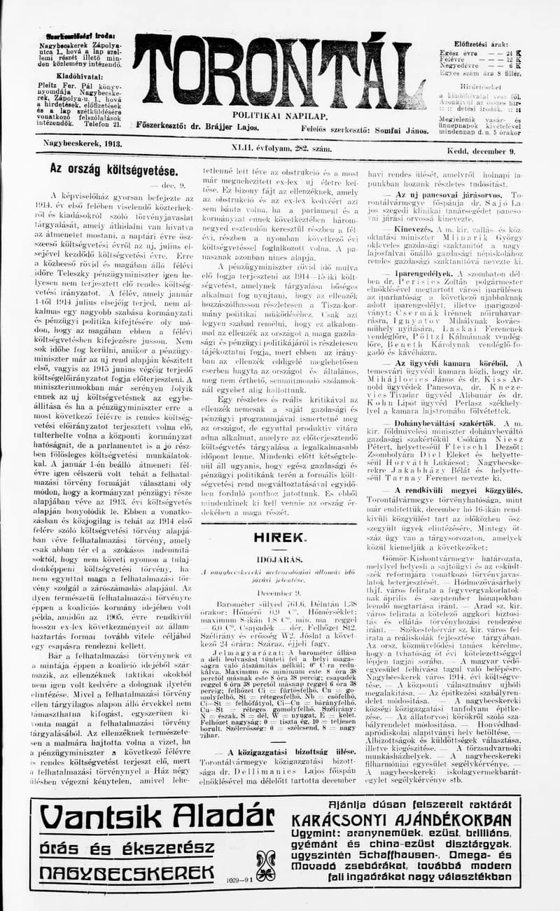 Torontál, 42. évf. 1913. december 9. 282. sz.