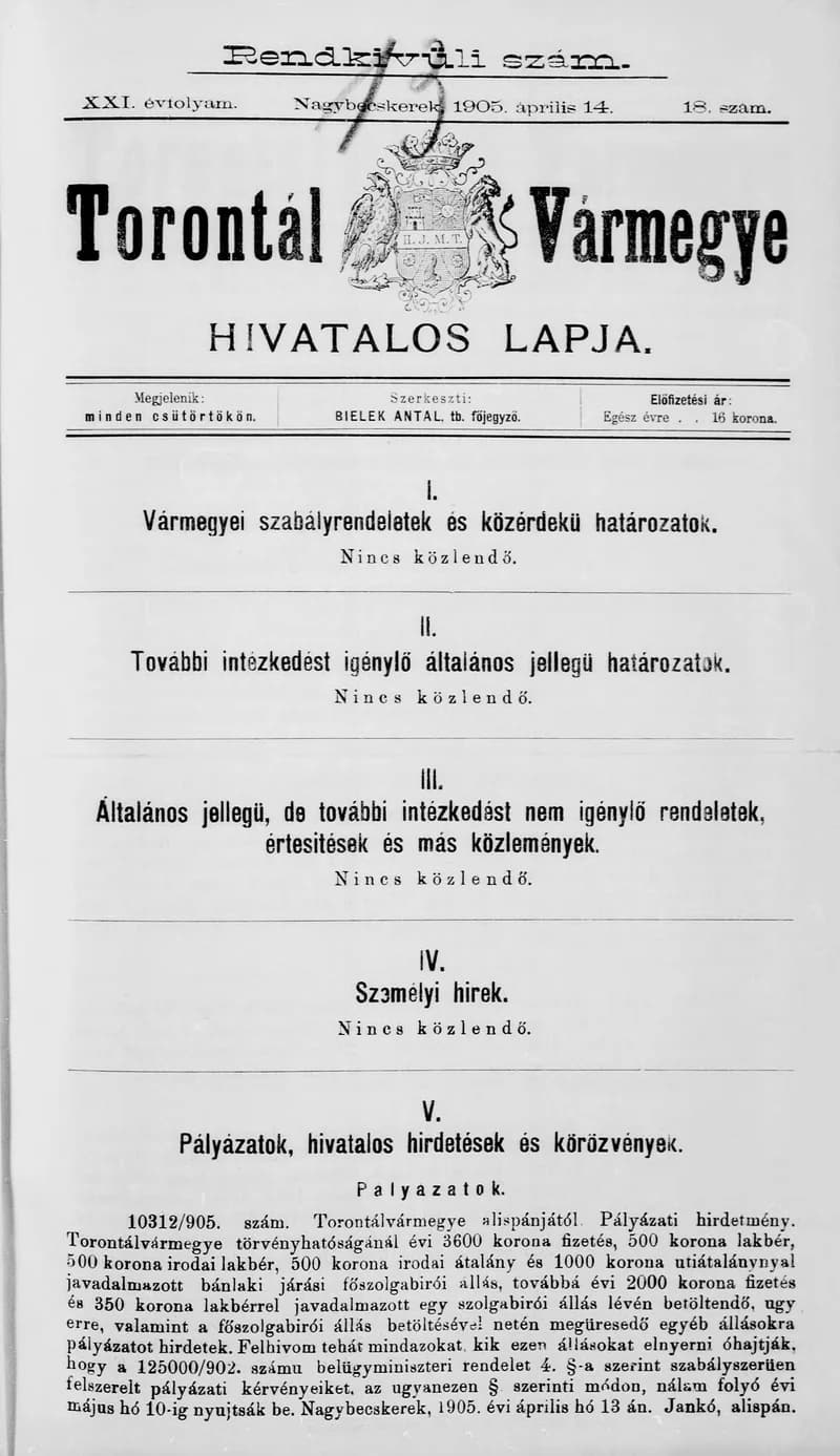 Torontál Vármegye Hivatalos Lapja, 21. évf. 1905. április 14. 18. sz.