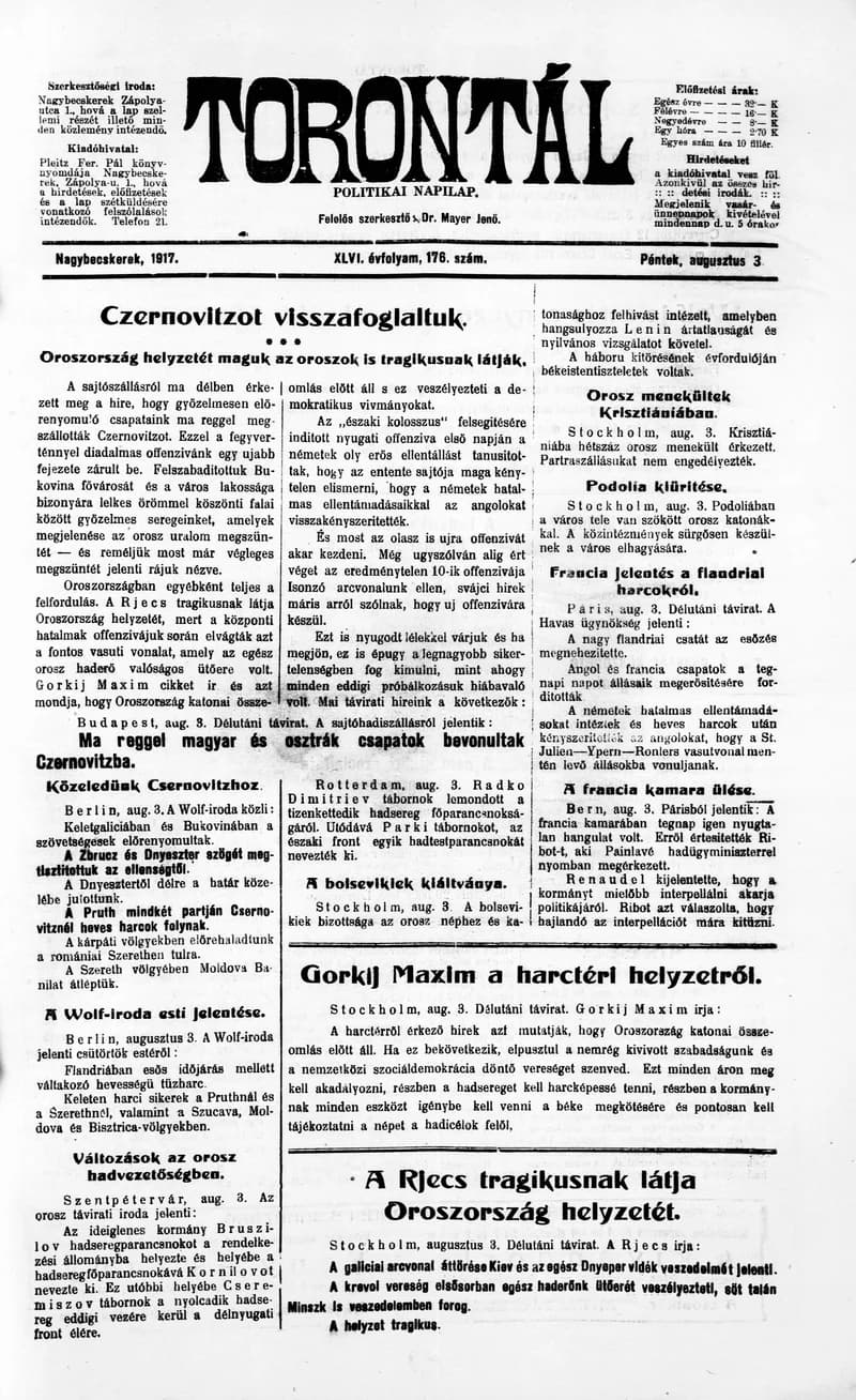 Torontál, 46. évf. 1917. augusztus 3. 176. sz.