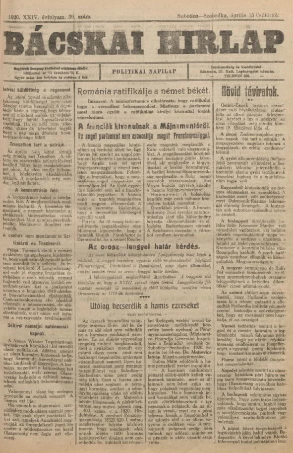 Bácskai Hirlap, 24. évf. 1920. április 15. 39. sz.