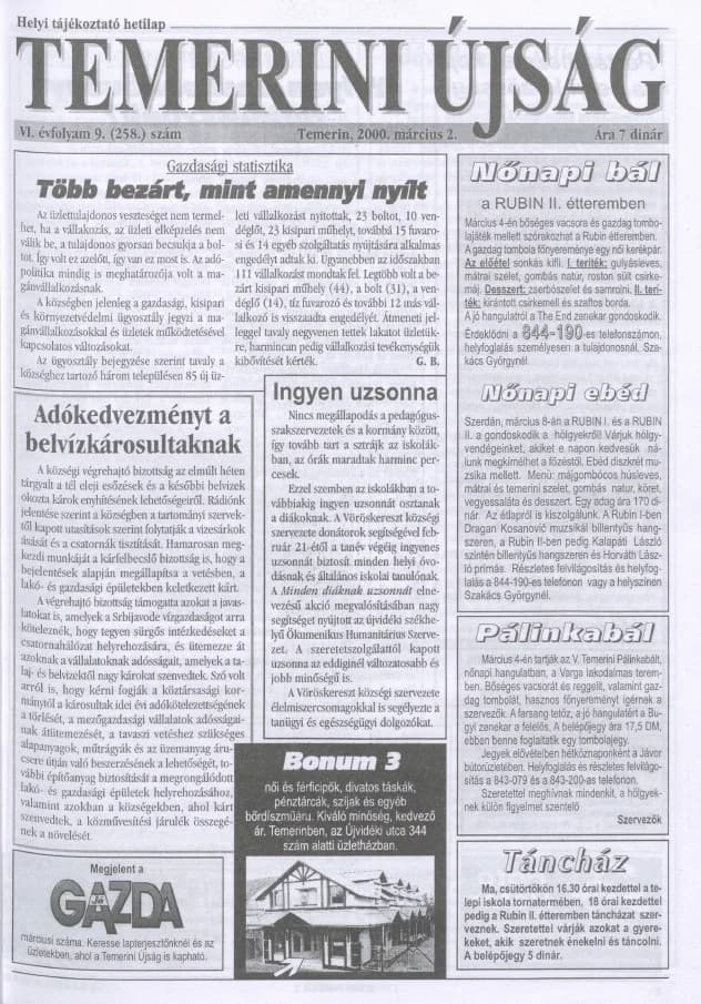 Temerini Újság, 6. évf. 2000. március 2. 9. sz.