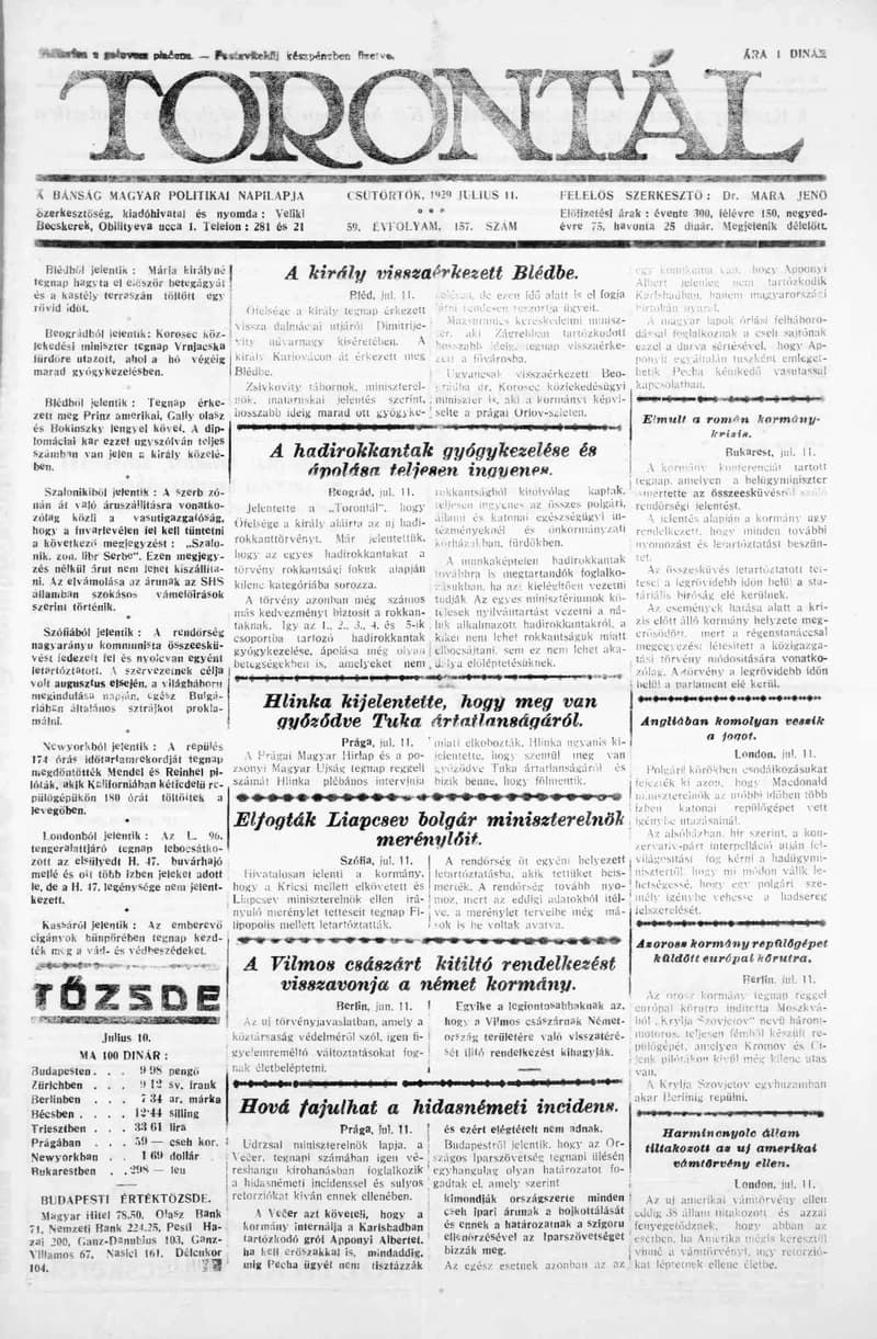 Torontál, 58. évf. 1929. július 11. 157. sz.