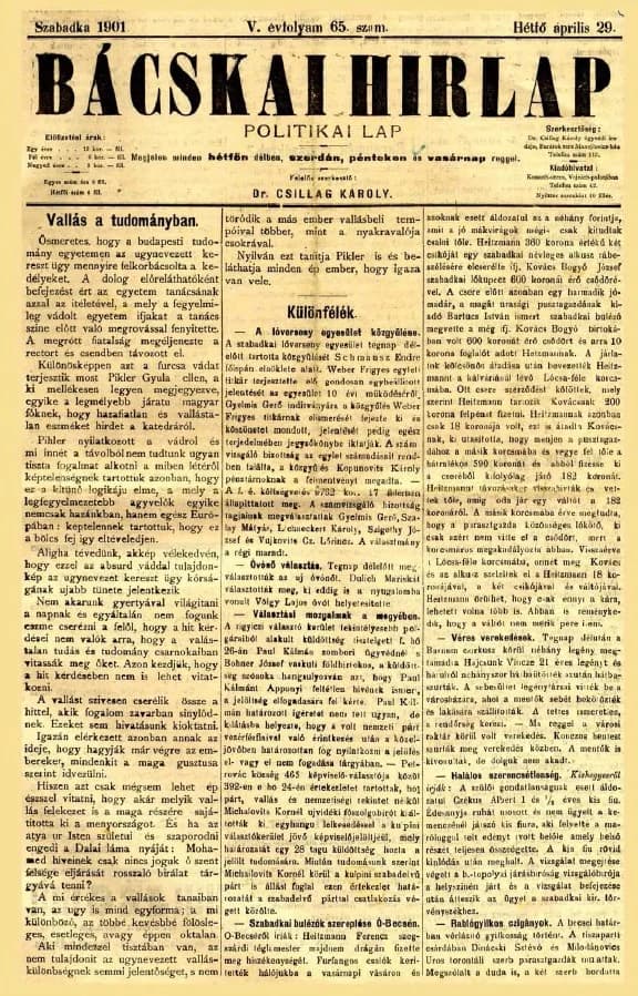 Bácskai Hirlap, 5. évf. 1901. április 29. 65. sz.