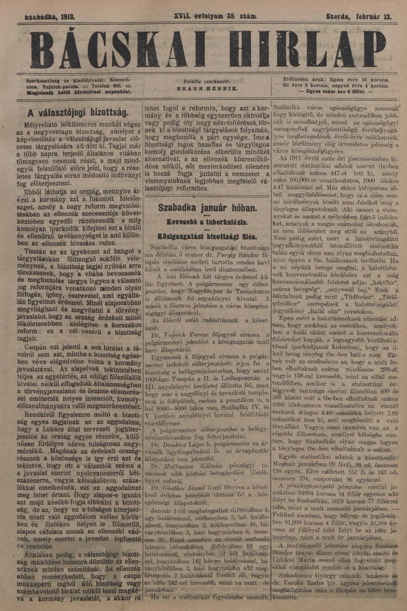 Bácskai Hirlap, 17. évf. 1913. február 12. 35. sz.