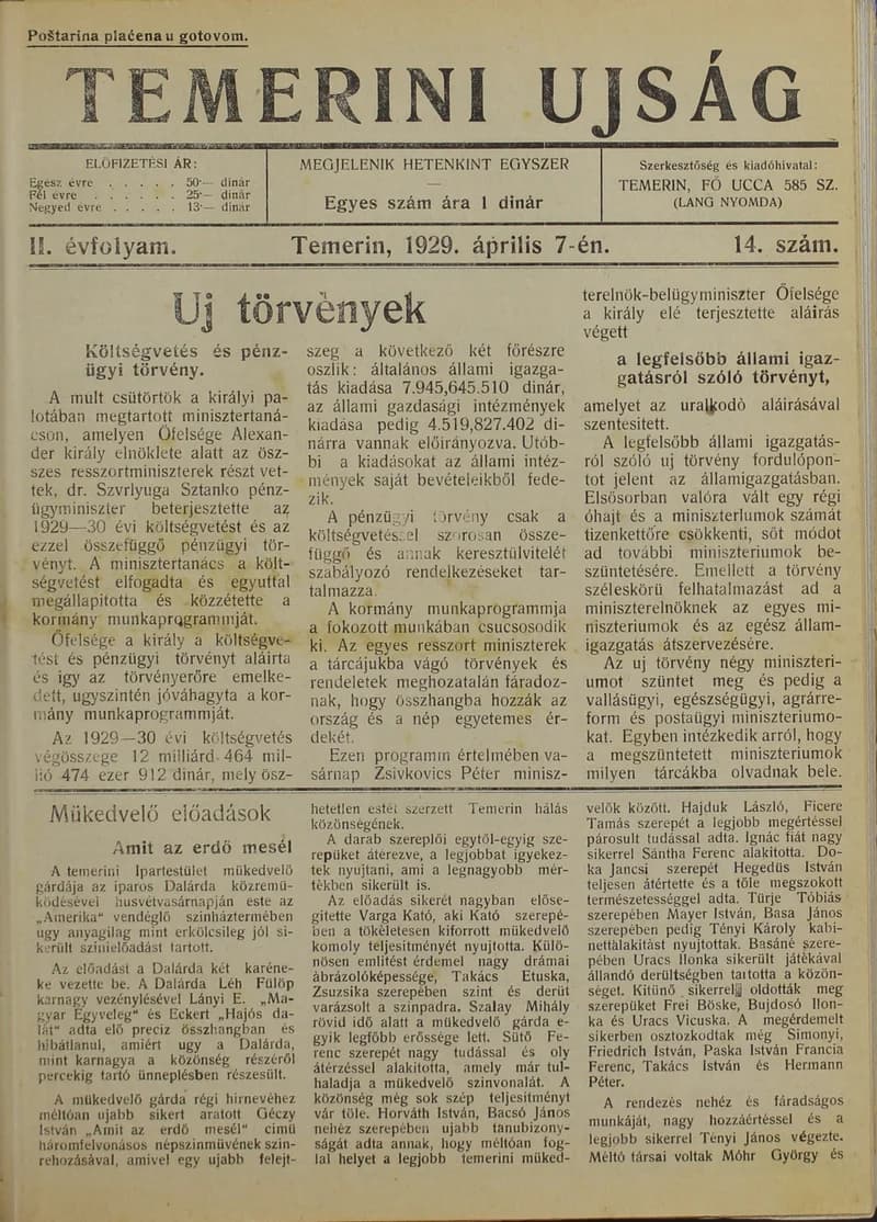 Temerini Újság 1928-1944, 2. évf. 1929. április 7. 14. sz.