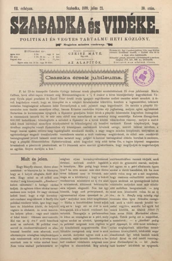 Szabadka és vidéke II, 7. évf. 1899. július 23. 30. sz.