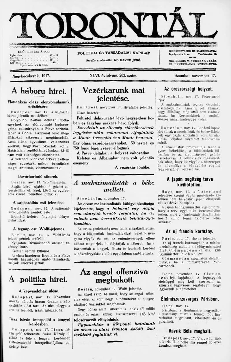 Torontál, 46. évf. 1917. november 17. 263. sz.