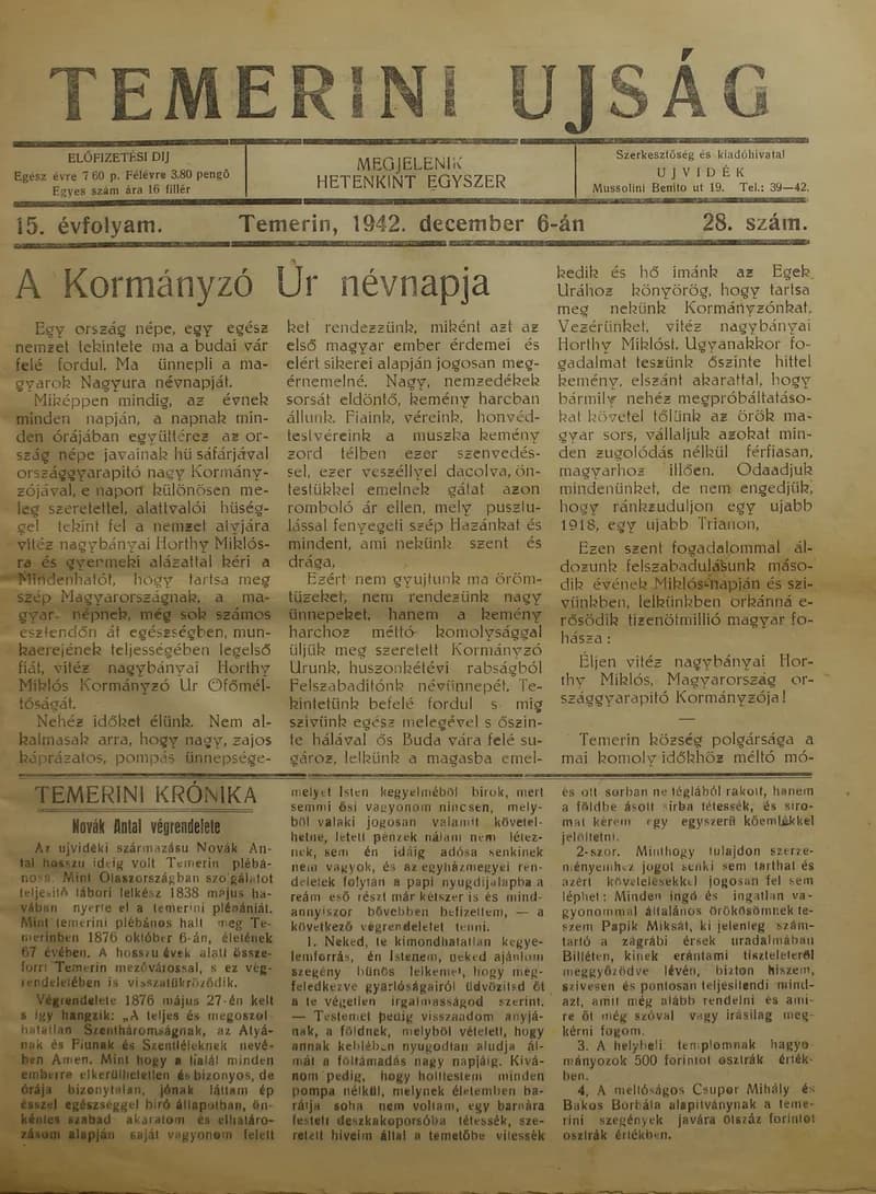 Temerini Újság 1928-1944, 15. évf. 1942. december 6. 28. sz.
