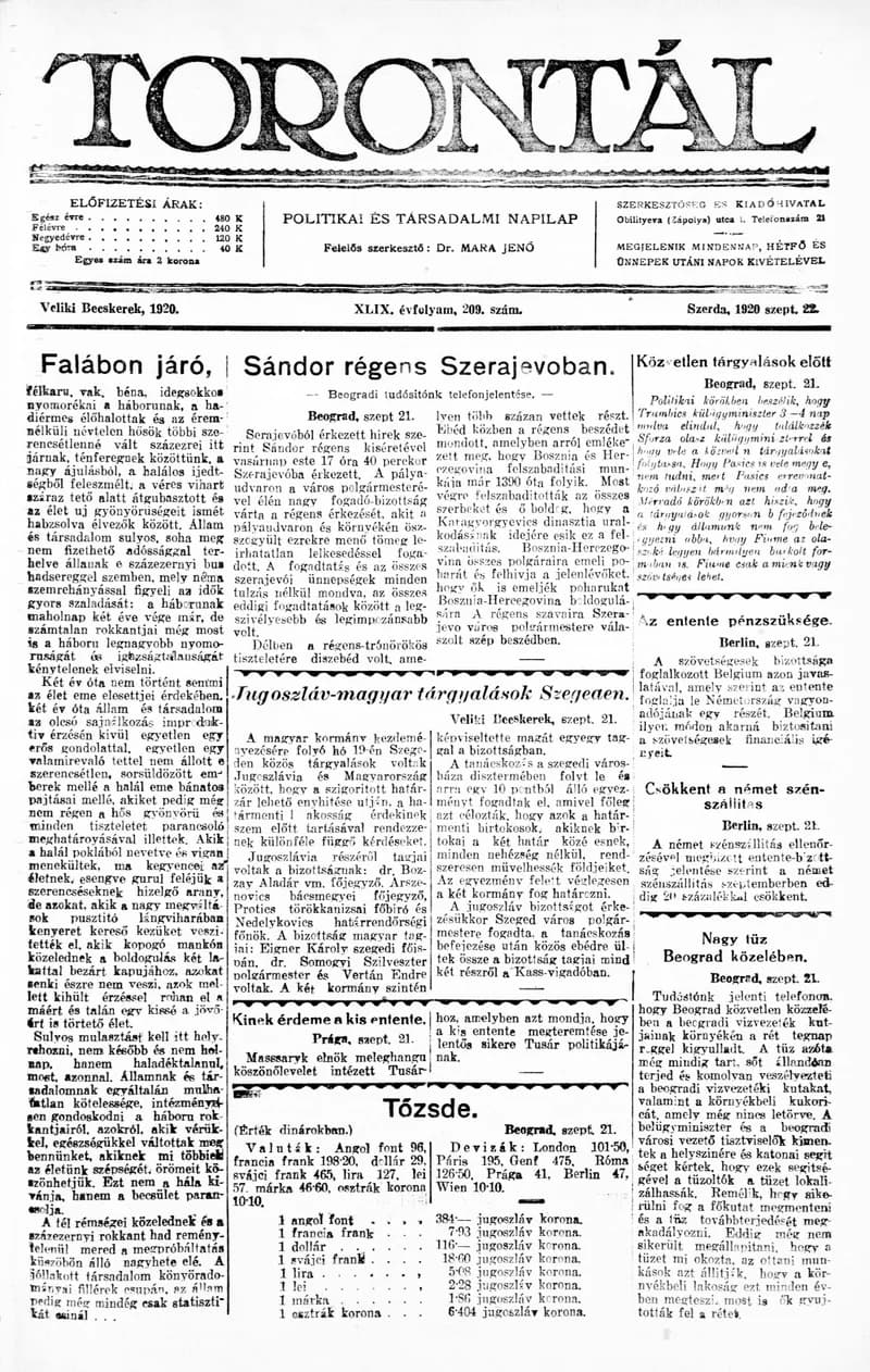 Torontál, 49. évf. 1920. szeptember 22. 209. sz.