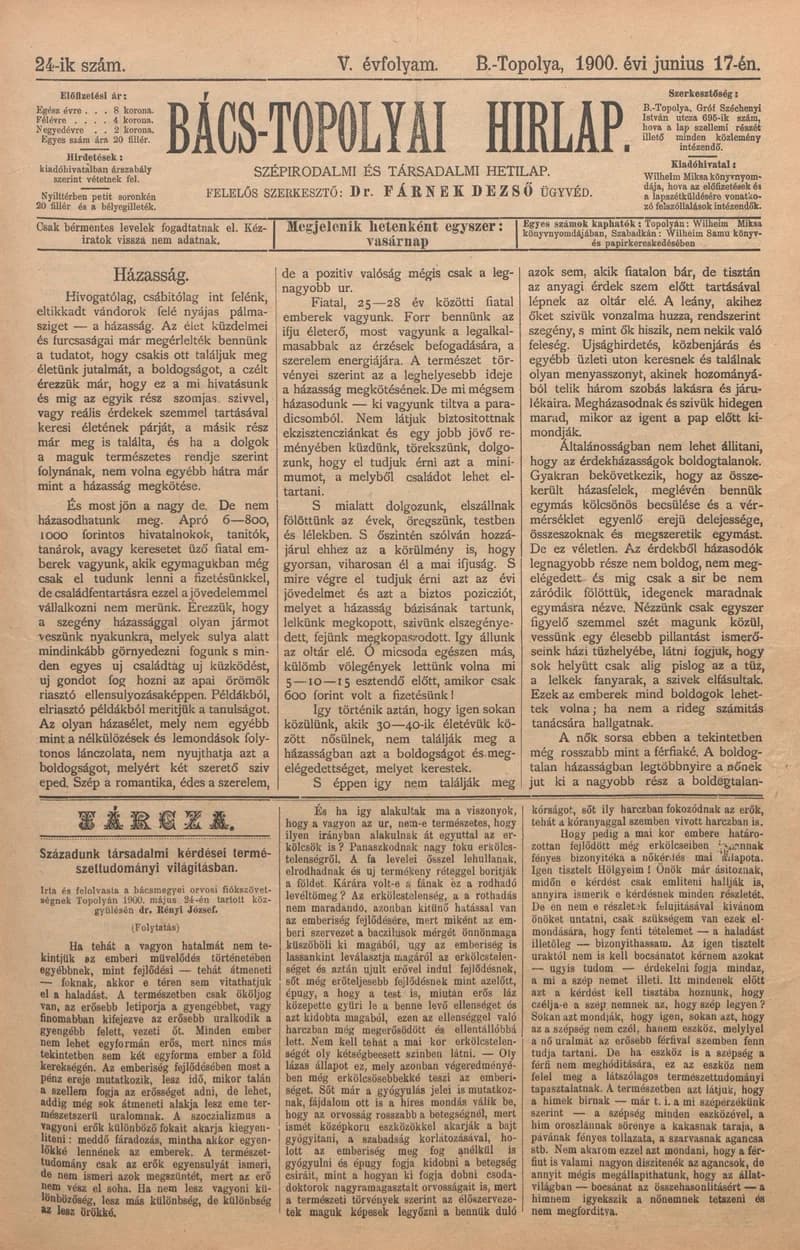 Bács-Topolyai Hirlap, 5. évf. 1900. június 17. 24. sz.