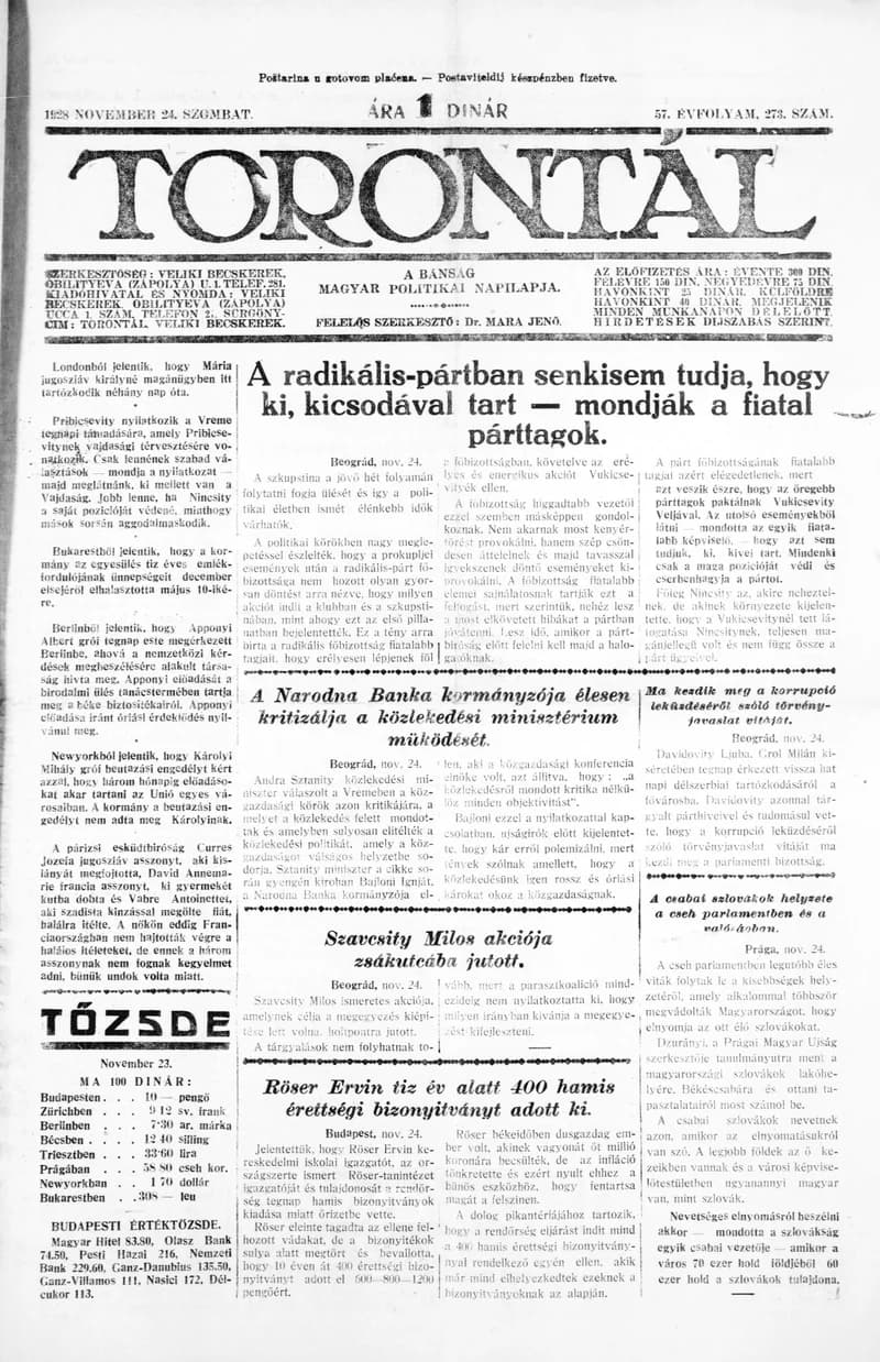 Torontál, 57. évf. 1928. november 24. 273. sz.