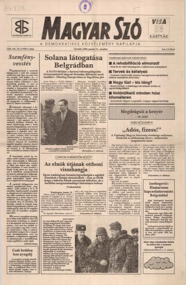 Magyar Szó, 53. évf. 1996. január 13. 10. sz. 1–16. oldal